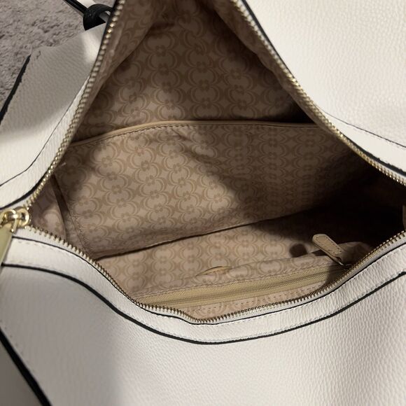 Charming Charlie White Faux Leather Satchel Purse Black Piping NWOT - Picture 8 of 9